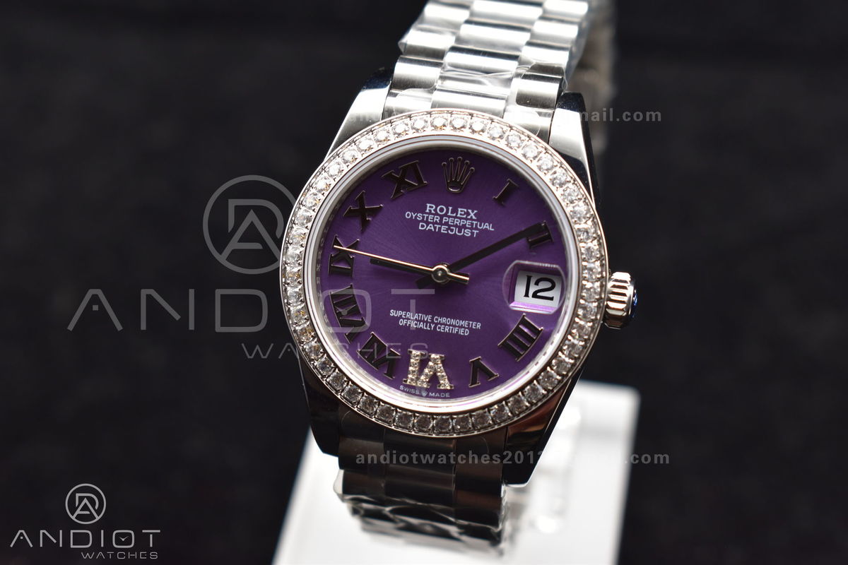 DateJust 31 Ladies 278289 BPF 316L Steel Diamonds Bezel Purple Dial Roman Markers on President Style Bracelet